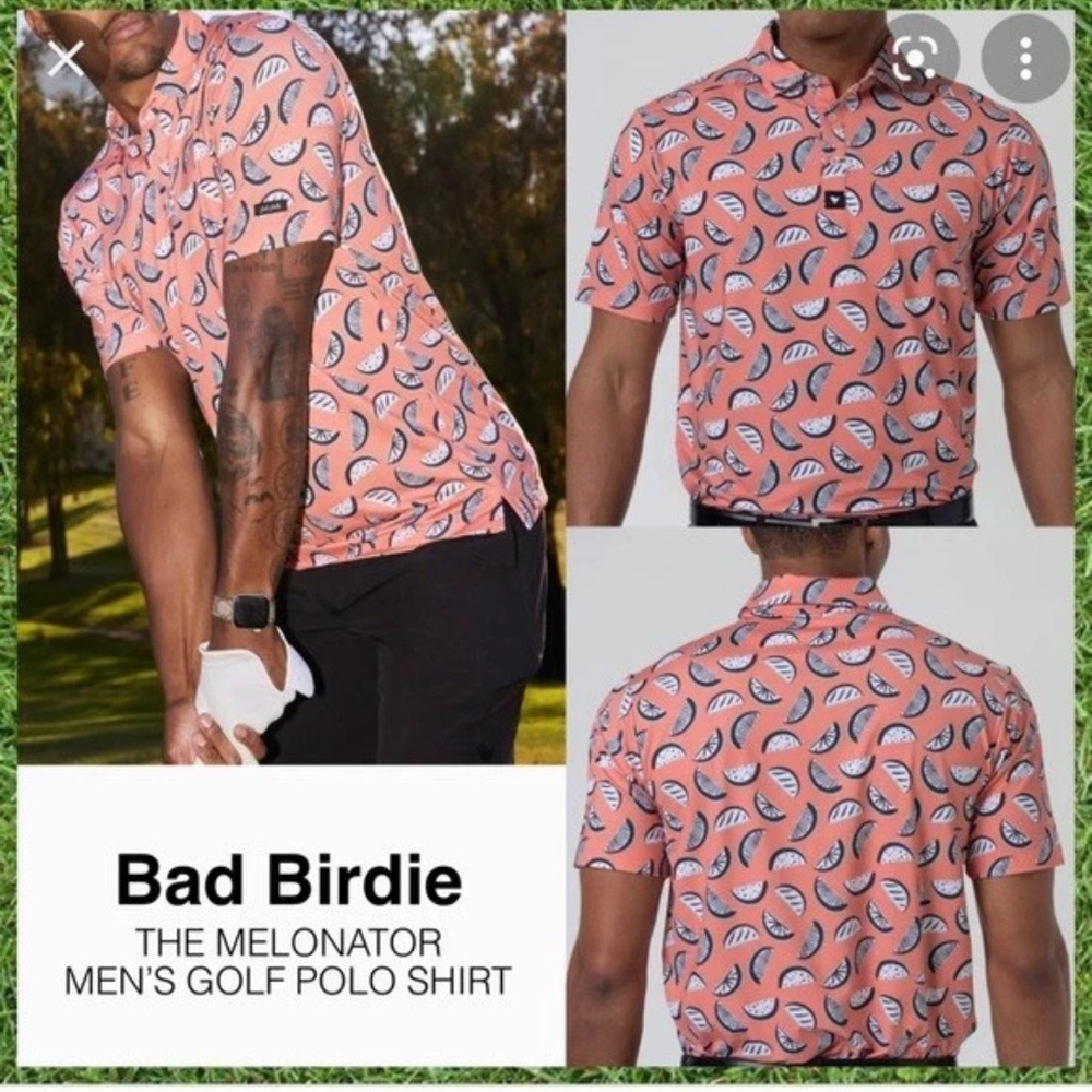 Bad Birdie Men’s The Melonator Golf Polo Shirt - Orange - Small - Picture 1 of 11